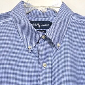 Mens Ralph Lauren Checked Button Down Logo Cotton Blue Classic Fit 16-1/2 Large
